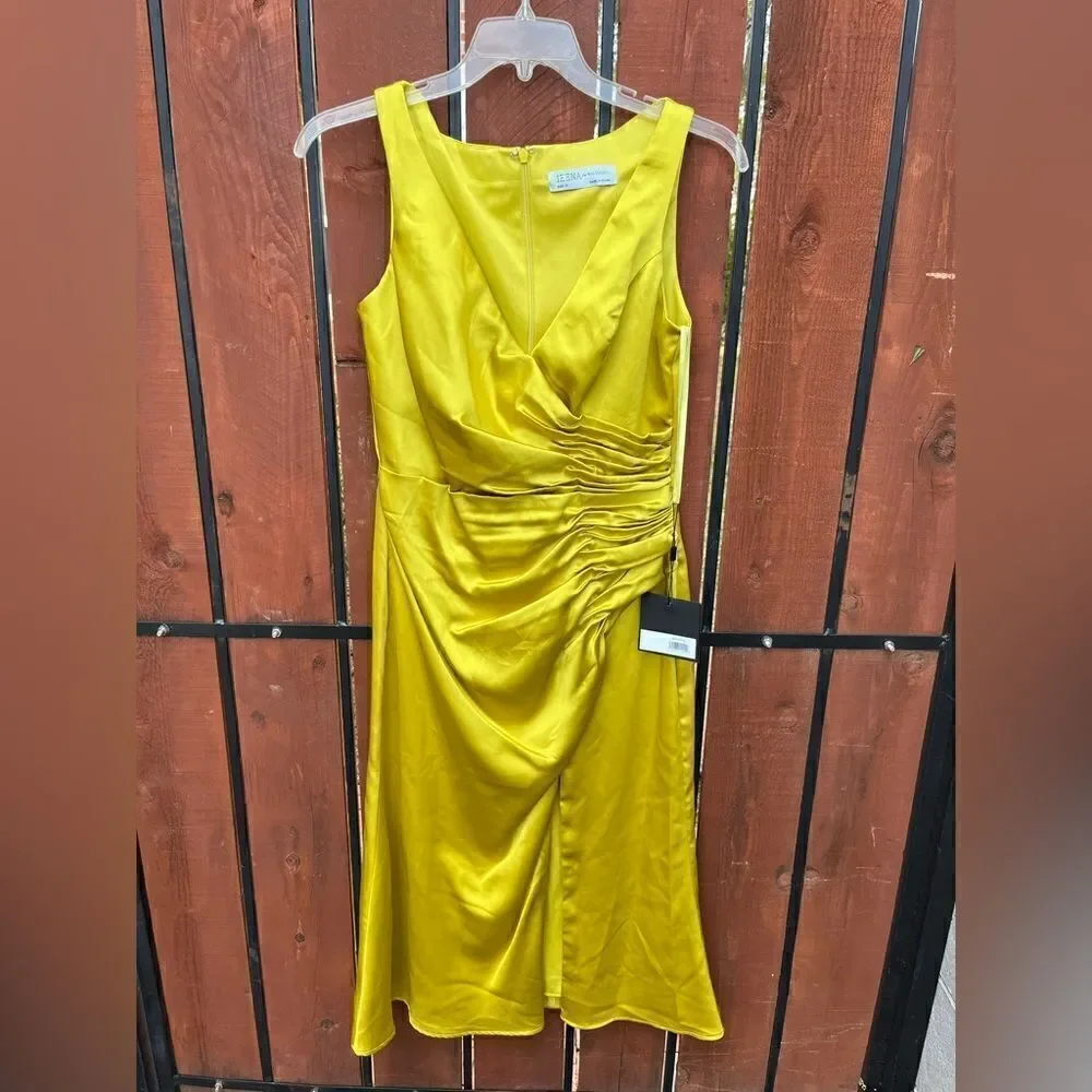 MAC DUGGAL Chartreuse Satin Faux Wrap Dress size 8 NWT
